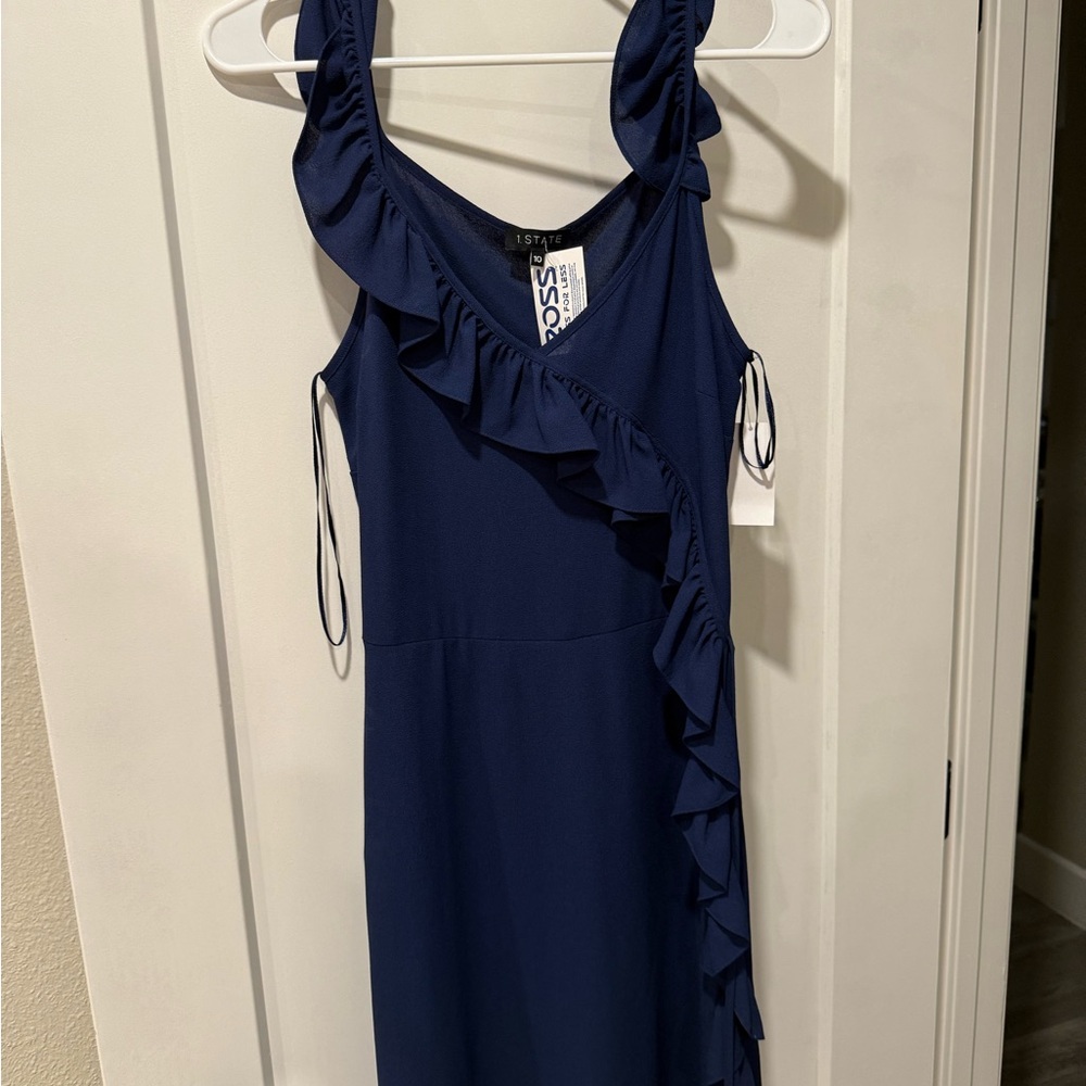 Navy Ruffled Sleeveless Dress